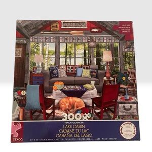 Lake Cabin Puzzle by Tracy Flickinger - Cozy Red & Blue Living Room